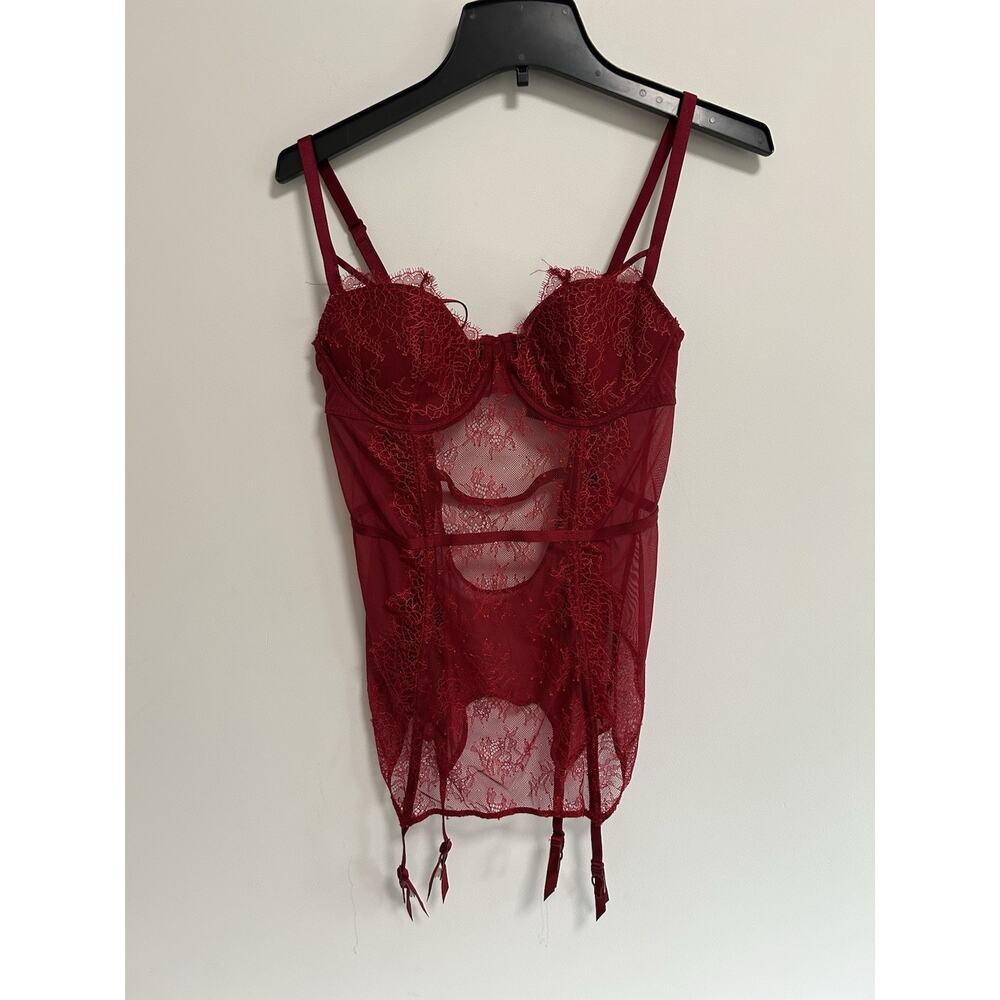 Victoria’s Secret Red Lace Mesh - Bustier‎ Corset Garter - 36C Underwire